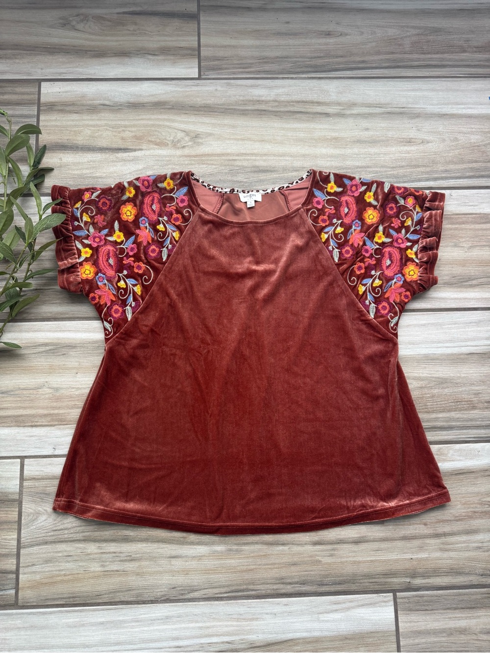 Umgee Velvet Top S Oversized Rust Floral Embroidered Ruffle Sleeve Boho Western